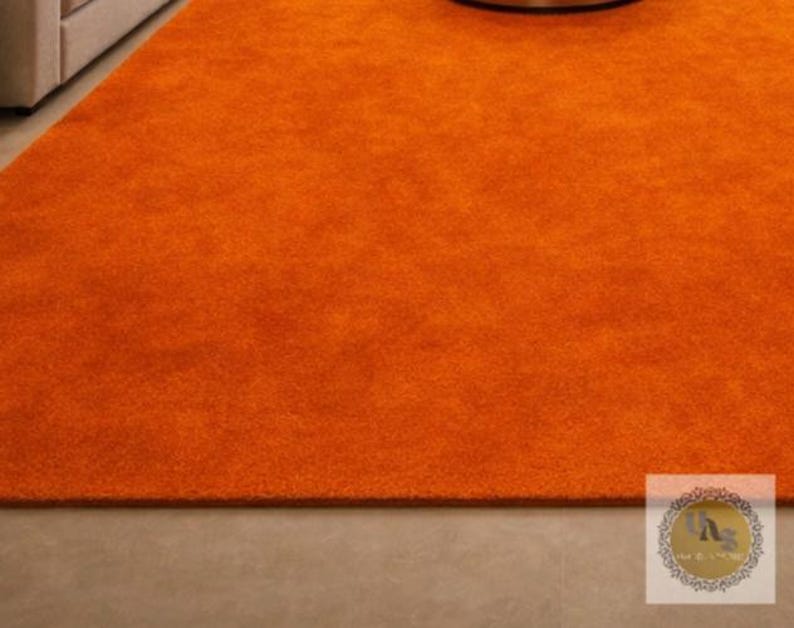 May include: A vibrant orange area rug with a plush, textured surface. The rug fills the frame, showcasing its solid color and soft appearance. The rug is a warm, inviting accent for any living space.