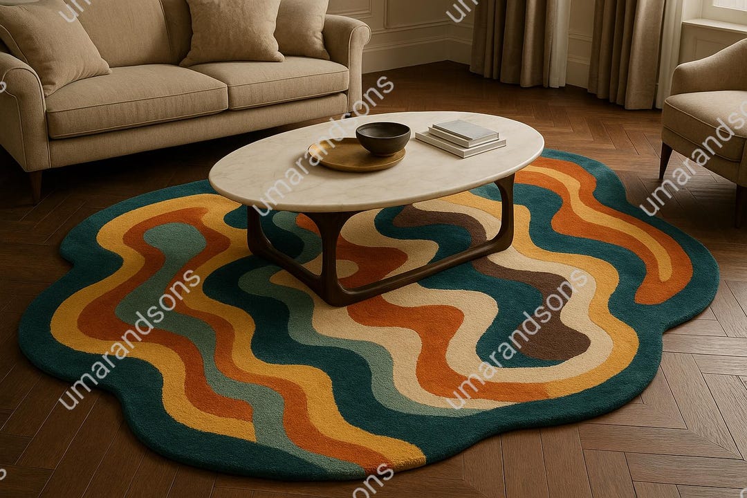 Wavy Long Rug Luxury Handmade Wavy Abstract Wool Rug | Retro Mid Century Modern ...