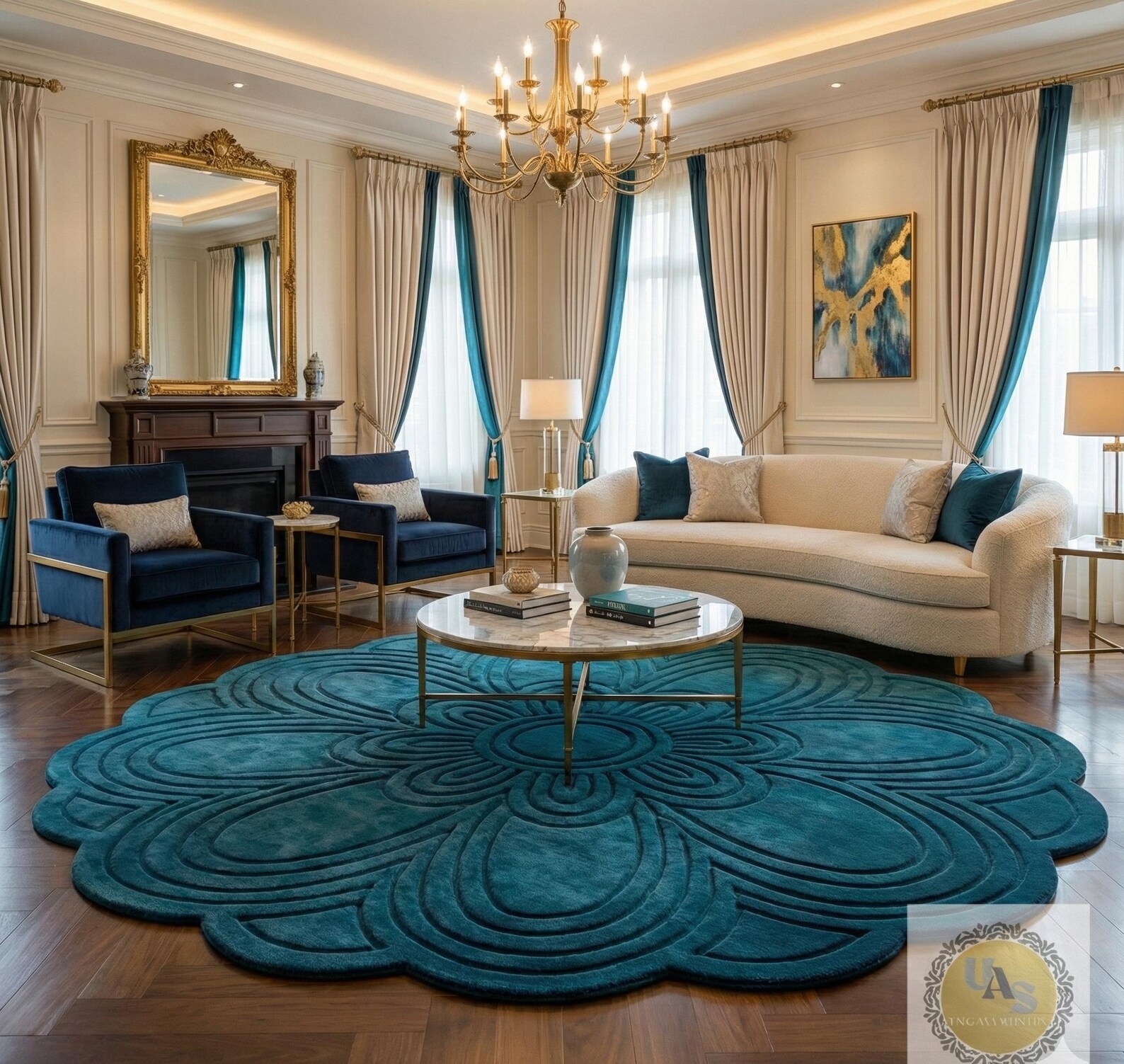 Luxury Teal Scalloped Area Rug – Handmade Plush Wool Carpet, Modern ...