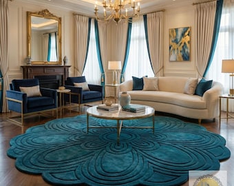 Luxury Teal Scalloped Area Rug – Handmade Plush Wool Carpet, Modern Floral Round Rug for Elegant Living Room Décor 2X2 3X3
