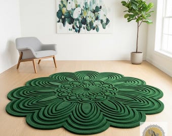 Luxuriöser Grüner Rundteppich mit Blumenmuster - Handgetufteter moderner Wollteppich für Wohnzimmer, Schlafzimmer & Wohndekor | Weicher Designer Boden Teppich