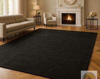 May include: A large, rectangular black rug dominates the room's hardwood floor. The rug is the focal point, contrasting with the light-colored walls, furniture, and fireplace. The rug's texture appears soft and plush, adding warmth to the living space.