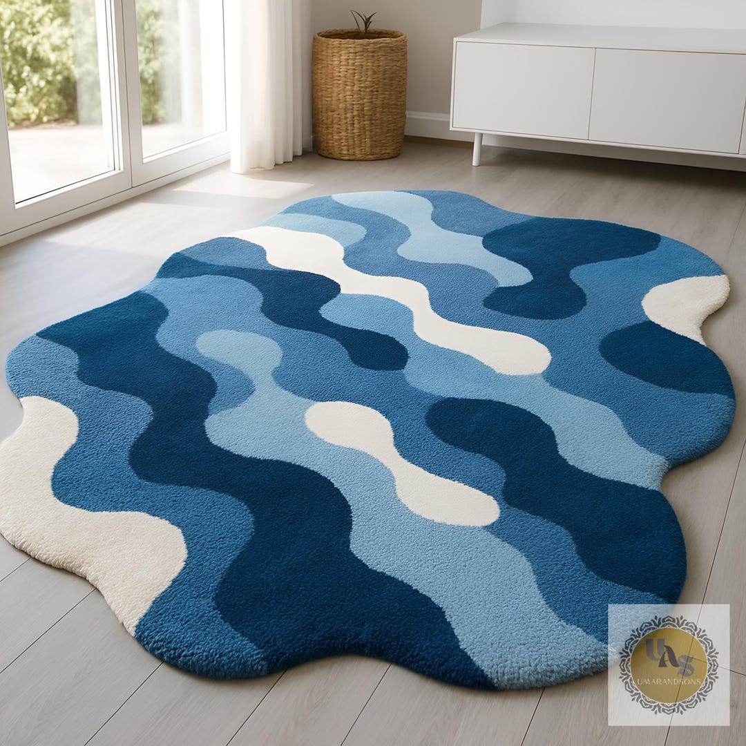 Blue Wavy Pattern Rug Modern Wavy Blue Abstract Area Rug | Luxury Hand-tufted Carpet for ...