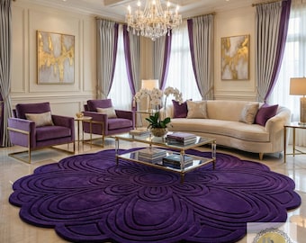 Luxury Purple Scalloped Hand Tufted Wool Area Rug for Living Room | Designer Floral Shape Plush Carpet for Modern & Royal Home Decor