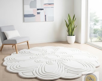Alfombra redonda de lujo con estampado floral blanco – Alfombra de lana tejida a mano para sala de estar y dormitorio / Alfombra de diseño moderno y suave para la decoración del hogar