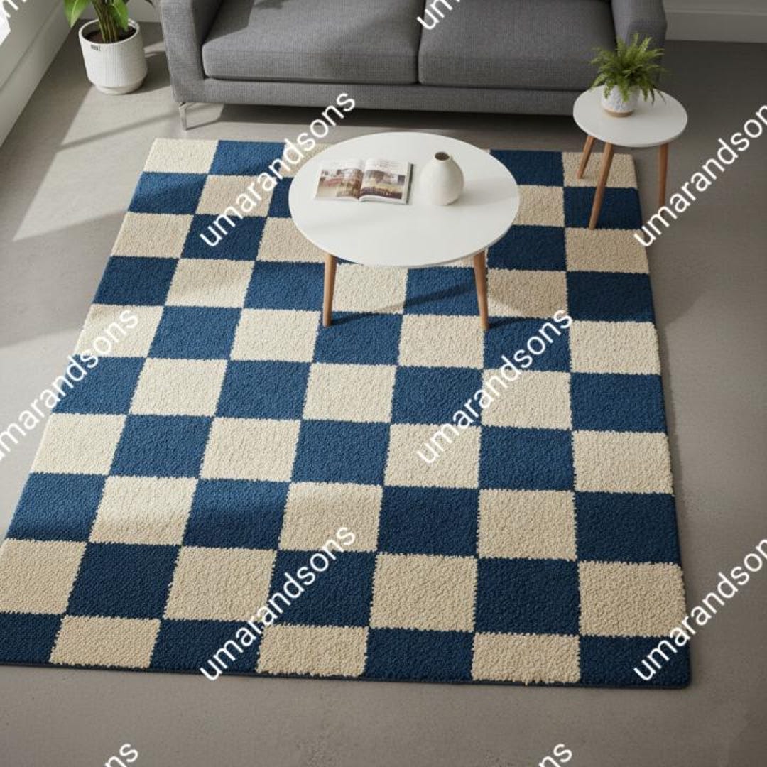 Hand Tufted Checkered Rug Navy Blue Ivory | Modern Checkerboard Carpet ...