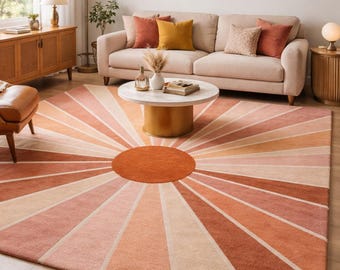 Tappeto in lana Sunburst annodato a mano, tappeto moderno di metà secolo in terracotta rosa, tappeto retrò per soggiorno, tappeto di lusso fatto a mano su misura