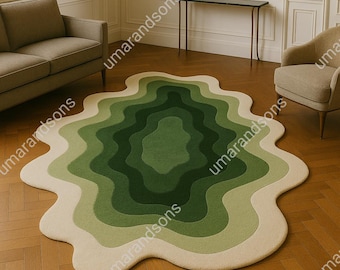 Modern Green Topographic Abstract Rug – Irregular Organic Shape Area Carpet with Cream Border for Living Room & Contemporary Home Décor 5X7.