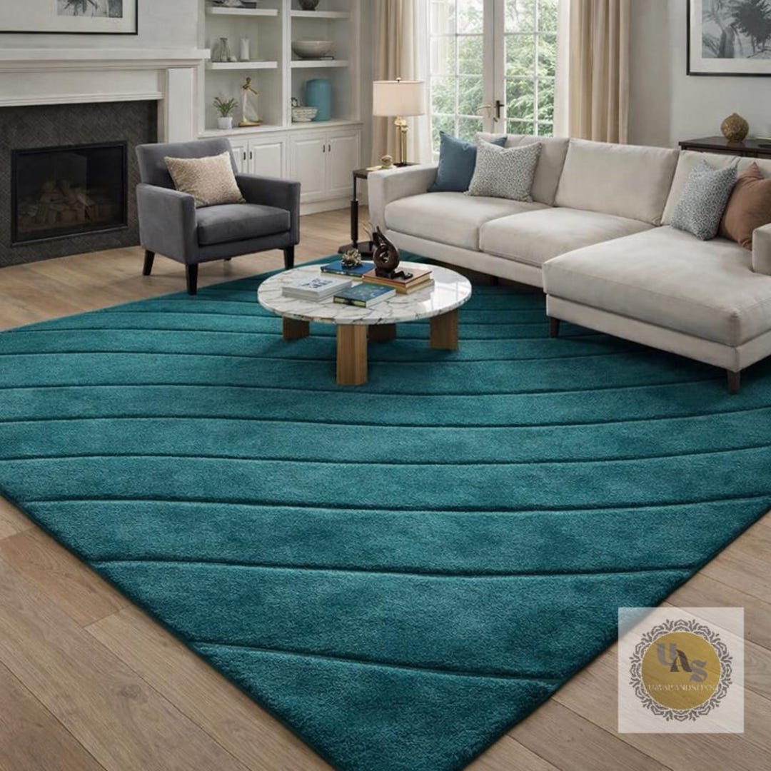 Teal Abstract Wave Area Rug 5X7 5X8 8X10– Modern Luxury Hand Tufted ...