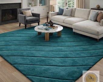 Teal Abstract Wave Area Rug 5X7 5X8 8X10– Modern Luxury Hand Tufted Carpet for Living Room, Bedroom & Office | Soft Plush Designer Floor Rug