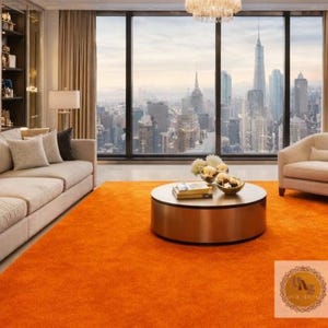 May include: A modern living room with an orange shag rug, a beige sofa, and a round coffee table. The room has large windows with a city view, and a chandelier hangs from the ceiling.