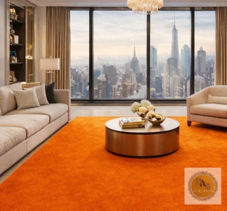 May include: A modern living room with an orange shag rug, a beige sofa, and a round coffee table. The room has large windows with a city view, and a chandelier hangs from the ceiling.