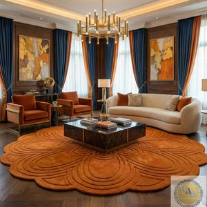 May include: A luxurious living room featuring a large, orange floral-patterned rug. Two orange armchairs with gold trim face a marble coffee table. A curved cream sofa and blue and orange curtains complete the elegant decor.