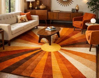 Hand Tufted Sunburst Area Rug | Mid Century Modern Retro Carpet | Orange Brown Wool Rug for Living Room Bedroom Home Decor 5X7 5X8 8X10