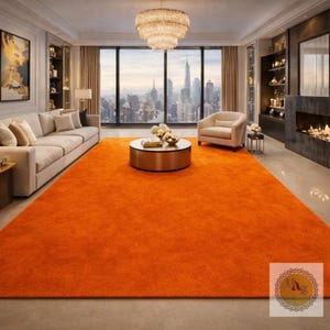 May include: An orange shag rug dominates the living room, complemented by a neutral-toned sofa and armchair. A round coffee table sits in the center, and a large window offers a city view. A chandelier hangs from the ceiling.