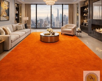 Luxury Solid Orange Area Rug | Handmade Plush Wool Carpet for Living Room & Bedroom | Modern Minimalist Large Floor Rug 5X7 5X8 8X10