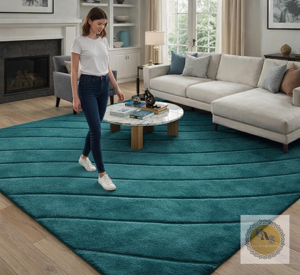 Teal Abstract Wave Area Rug 5X7 5X8 8X10– Modern Luxury Hand Tufted ...