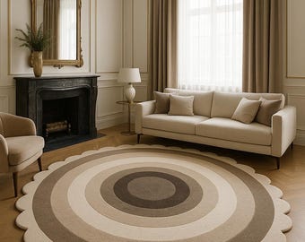 Neutral Scalloped Round Area Rug, Modern Concentric Circle Wool Carpet, Luxury Handmade Beige Living Room Rug, Custom Size Designer Rug