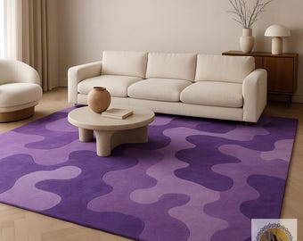 Purple Abstract Wavy Rug | Modern Hand-Tufted Wool Carpet | Violet Living Room Area Rug | Custom Size Contemporary Home Decor | Luxury Rug