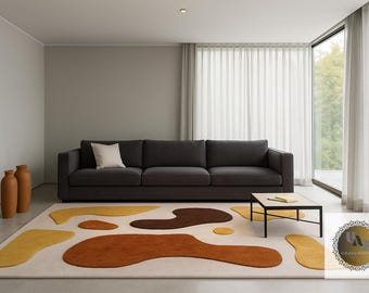 Modern abstract vloerkleed | Mosterdgeel en roestoranje tapijt | Halverwege de eeuw decoratie woonkamervloer | Retro vloerkleed met organische vorm 5 x 7 7 x 9 8 x 10