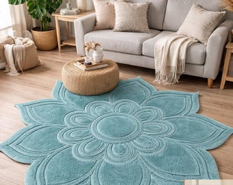 Alfombra con forma de loto verde azulado, hecha a mano: alfombra de diseño floral de primera calidad para sala de estar, dormitorio y decoración moderna del hogar, 4 x 4, 5 x 5, 6 x 6, 7 x 7, 8 x 8.