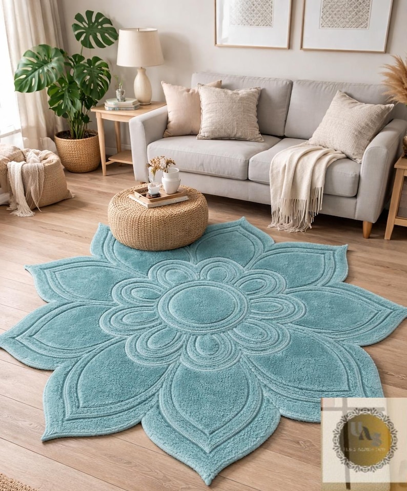 Uf Rug Teal Lotus Shape Hand Tufted Area Rug – Premium Floral Designer Carpet ...