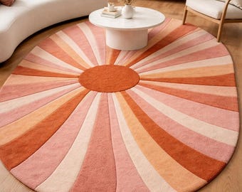 Handgetufteter runder Sunburst-Wollteppich, rosa Terrakotta-moderner Retro-Teppich, Wohnzimmerteppich im Mid-Century-Stil, handgefertigter Luxusteppich