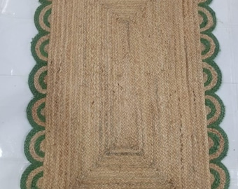 Handmade Jute Braided Rug with Green Scallop Border | Natural Fiber Rectangle Carpet | Eco-Friendly Farmhouse Entryway Mat | Boho Home Decor