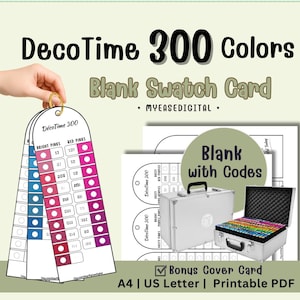 Puede incluir: Un conjunto de tarjetas de muestra en blanco DecoTime 300 colores imprimibles en tamaños A4 y US Letter. Las tarjetas presentan secciones codificadas por color para rosas y rojos con espacios numerados, una tarjeta de portada y un maletín.