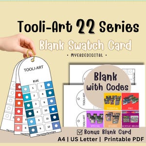 Op de afbeelding: Een Tooli-Art 22 Series set met lege kleurstaalkaarten als printbare PDF. De kaarten bevatten genummerde rasters voor kleurorganisatie met blauwe, rode en witte secties, inclusief labels voor diverse productseries en verschillende sets.
