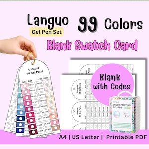 Peut inclure: Un ensemble de stylos gel avec 99 couleurs, comprenant une carte d'échantillons vierge pour tester les couleurs. L'image montre des nuanciers et une boîte de stylos gel. Le texte sur la carte indique "Languo 99 Gel Pens".