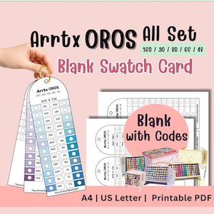 以下が含まれることがあります： マーカー用のArrtx OROSブランクスウォッチカードセット。カラーコードと印刷可能なPDF形式。カードには色の名前と番号が記載されています。画像には、さまざまなマーカーセットが含まれています。