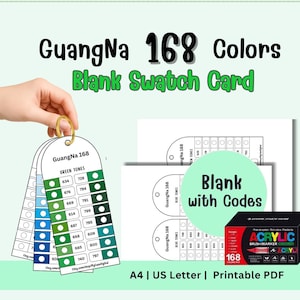 Op de afbeelding: Een set blanco kleurstalenkaarten voor GuangNa 168 kleuren, met groene en blauwe tinten. De kaarten worden door een hand vastgehouden en bevatten kleurcodes. De afbeelding toont ook een doos met acryl brush markers.