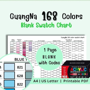 May include: A printable PDF swatch chart for GuangNa 168 Colors, featuring a blank layout with color codes. The chart includes sections for gray tones, pinks, reds, purples, blues, greens, yellows, oranges, and skin tones. The chart is A4 or US Letter size.