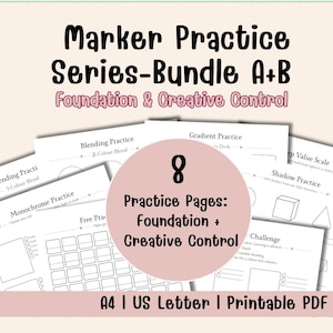 Puede incluir: Un conjunto de páginas de práctica de marcadores, titulado "Marker Practice Series-Bundle A+B: Foundation & Creative Control". La imagen muestra ocho páginas de práctica para técnicas como la mezcla y los degradados. El texto indica A4 y US Letter, y un PDF imprimible.
