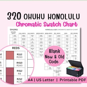 Puede incluir: Tabla de muestras cromáticas imprimible en PDF para marcadores Ohuhu Honolulu 320, con muestras de color y una sección en blanco para códigos nuevos y antiguos. Disponible en tamaños A4 y US Letter, con rojos y grises.