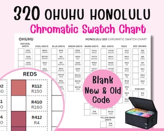 Nuancier Ohuhu 320 Honolulu imprimable | Nouveaux et anciens codes | Nuancier chromatique | Lettre US A4 | Version DIY vierge
