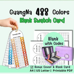 Könnte beinhalten: Ein druckbares PDF-Set mit GuangNa 488 Colors Blanko-Farbmusterkarten. Enthält Blankokarten mit Codes, ein Bonus-Cover sowie Layouts für A4 und US Letter. Zeigt ein ringgebundenes Farbmuster mit gelben und orangen Farbcodes.