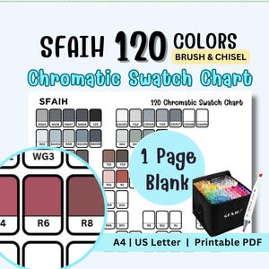 Puede incluir: Un gráfico de muestras cromáticas en PDF imprimible con 120 colores de SFAIH. El gráfico incluye una paleta de colores, una página en blanco y un rotulador de pincel y cincel. El gráfico está disponible en tamaños A4 y US Letter.
