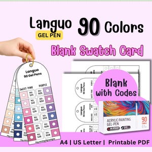Op de afbeelding: Afbeelding van een set Langou 90 kleuren gelpennen met een blanco kleurstalenkaart. De kaart toont kleurstalen in roze, paars en blauw. De afbeelding toont ook een doos met acrylverf gelpennen. De tekst op de afbeelding luidt "A4 | US Letter | Printable PDF."