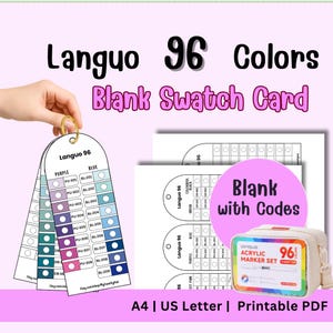 以下が含まれることがあります： 「Languo 96 Colors」と書かれた、紫と青の色見本カードとマーカーセット。マーカーセットは、カラフルなラベルが付いた白いケースに入っています。「Blank with Codes」の文字も見えます。