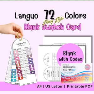 May include: A set of blank swatch cards for 72 Shiny Style gel pen colors. The image shows a hand holding a color swatch card with pinks, reds, and purples. Additional cards and a gel pen box are also visible. The text on the card reads "Languo 72 Colors".