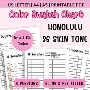 Pode incluir: Um gráfico de amostras de cores em PDF imprimível nos tamanhos US Letter, A4 e A5. O gráfico apresenta 36 tons de pele da série Honolulu, com opções de amostras em branco e pré-preenchidas. Inclui códigos de cores novos e antigos.