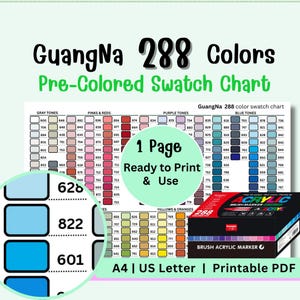 May include: A printable PDF swatch chart with 288 colors, including gray, pink, red, purple, and blue tones. The chart is labeled "GuangNa 288 Colors" and includes a box of brush acrylic markers. The chart is ready to print on A4 or US Letter paper.
