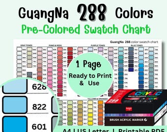 Tabla de muestras precoloreadas GuangNa 288, marcador acrílico imprimible, referencia de color A4 (PDF)
