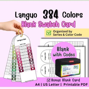 Puede incluir: Un conjunto de tarjetas de muestra en blanco Languo 384 Colors con páginas PDF imprimibles en tamaños A4 y US Letter. El set incluye tablas de códigos de color organizadas, una tarjeta en blanco adicional y un estuche negro.