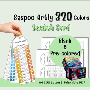 May include: A printable PDF swatch card set for Saspoo Artly 320 colors. The image shows a hand holding a color swatch card, along with blank and pre-colored swatch sheets. The set includes A4 and US Letter sizes.