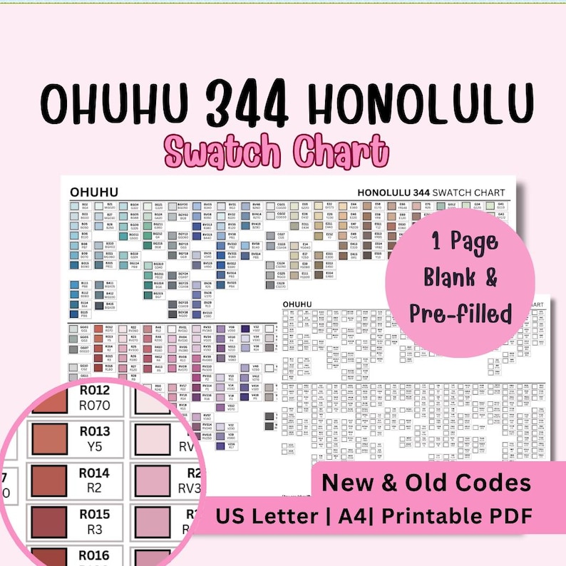 Ohuhu 344 Honolulu Swatch Chart Printable | A4, US Letter | Pre-filled ...