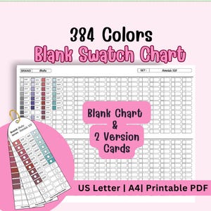 Könnte beinhalten: Ein rosa-weißes, druckbares Farbmusterdiagramm mit dem Text "384 Colors Blank Swatch Chart". Enthält eine Farbmusterkarte mit verschiedenen Farbmustern und dem Text "US Letter | A4 | Printable PDF".