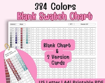 Op de afbeelding: Een roze en witte afdrukbare kleurenpalet met de tekst "384 Colors Blank Swatch Chart". Bevat een kleurstalenkaart met verschillende kleurstalen en de tekst "US Letter | A4 | Printable PDF".